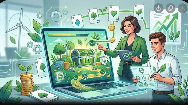 Иллюстрация с зелеными листьями и золотыми монетами, символизирующая экологичные бонусы онлайн-казино